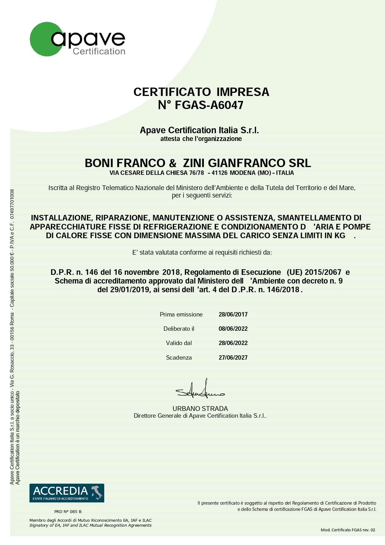 CERTIFICATO IMPRESA F-GAS